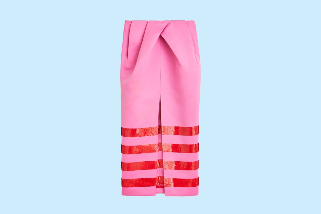 A pink skirt with red stripes