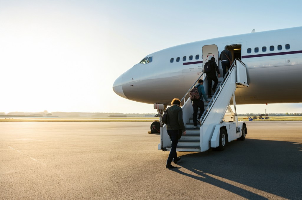 Passengers climbing the stairs to board a plane at the airport